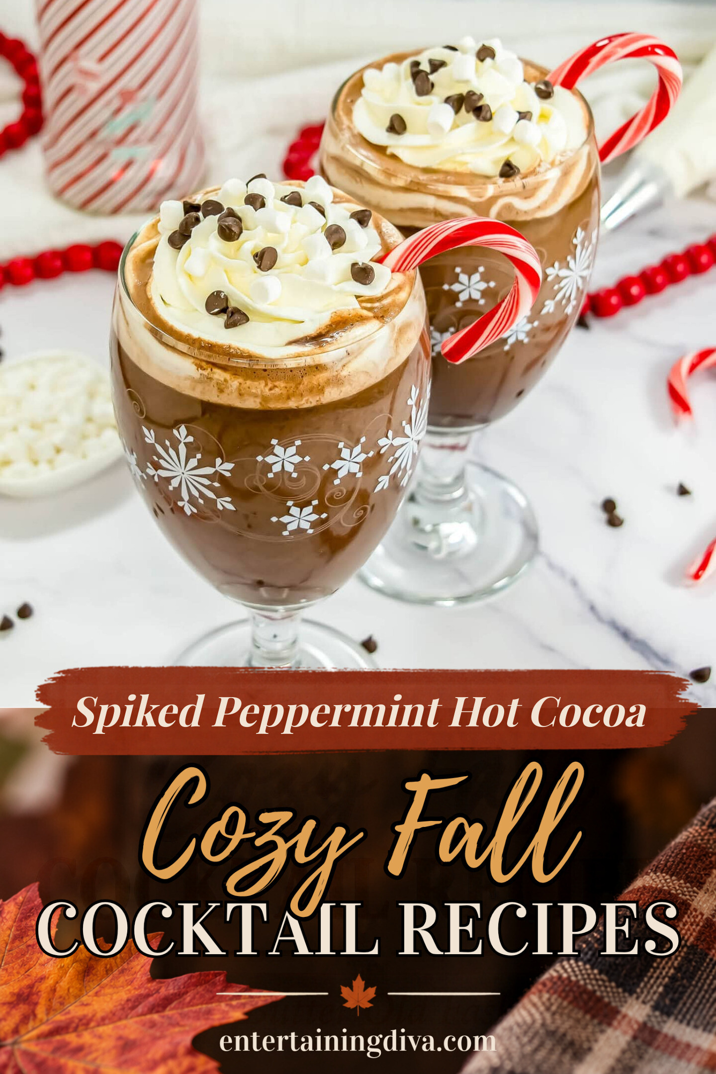 Close up of spiked peppermint hot cocoa in a clear glass