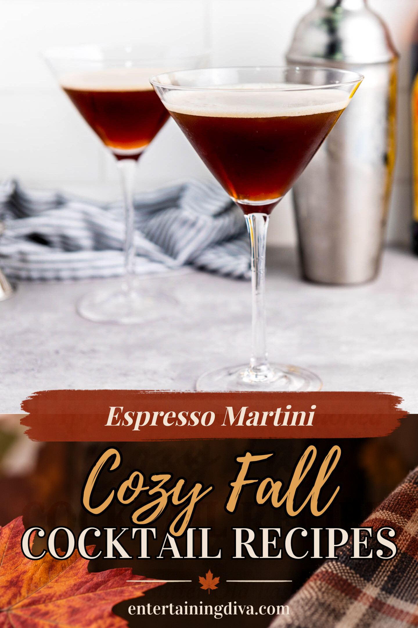 two martini espressos in front of a cocktail shaker