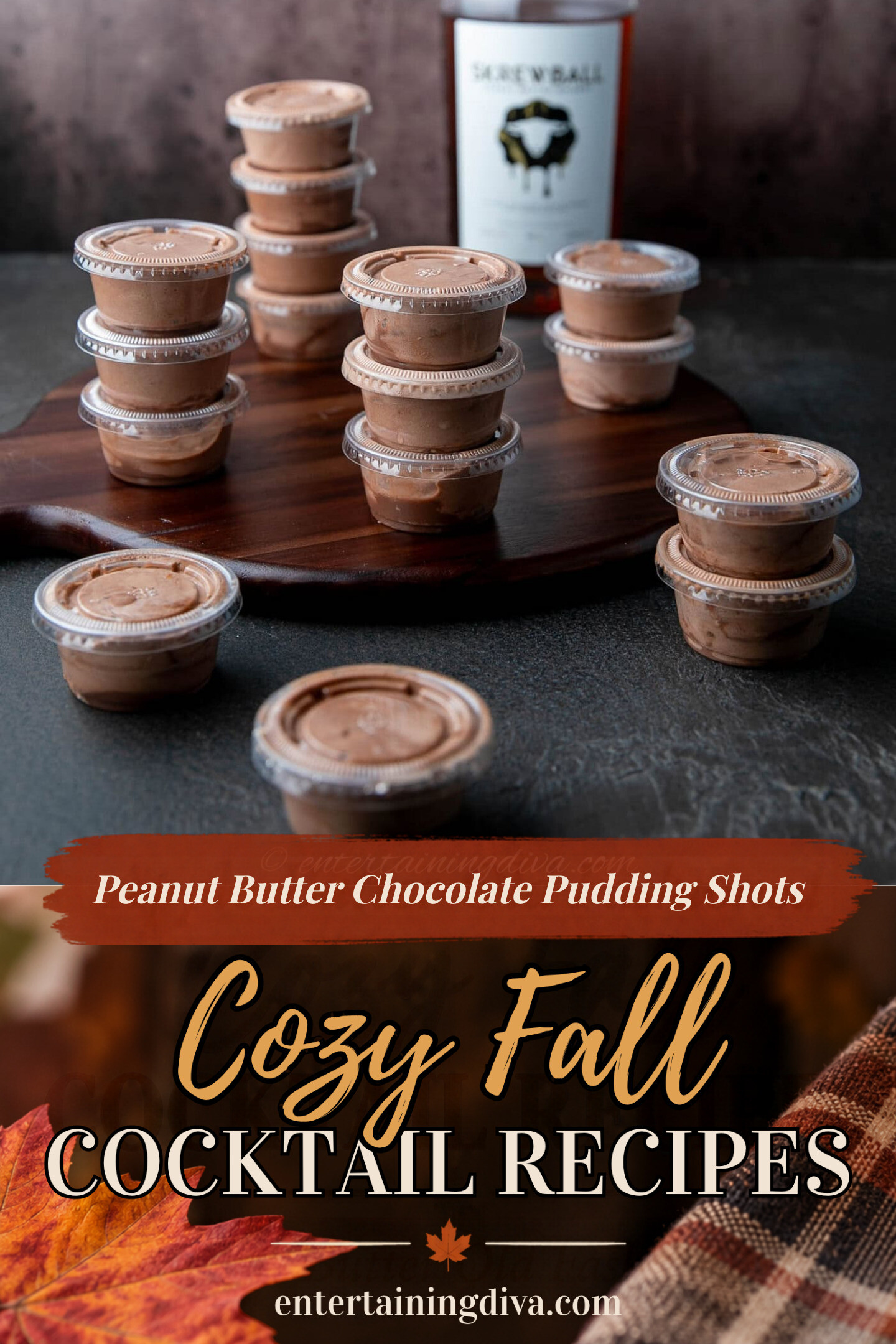 Small plastic cups filled with a creamy brown mixture are stacked on a dark surface and wooden board, with a bottle of Skrewball whiskey in the background.