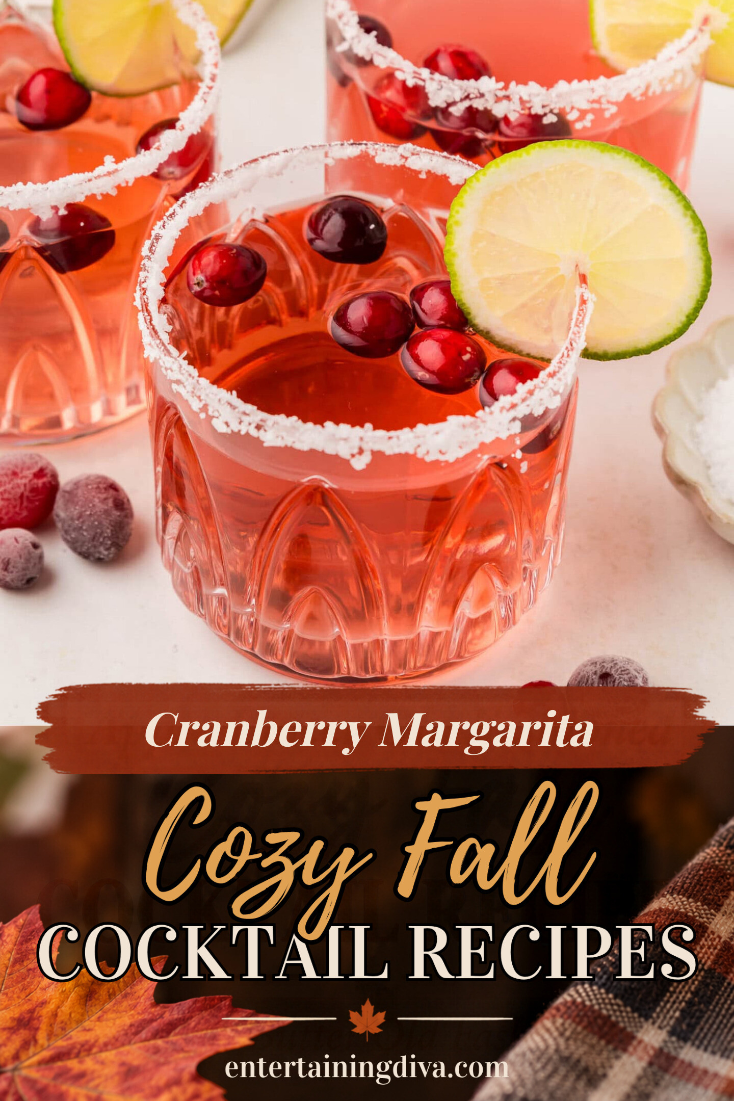 close up of a cranberry margarita garnished with a salt rim, fresh cranberries and a lime wheel
