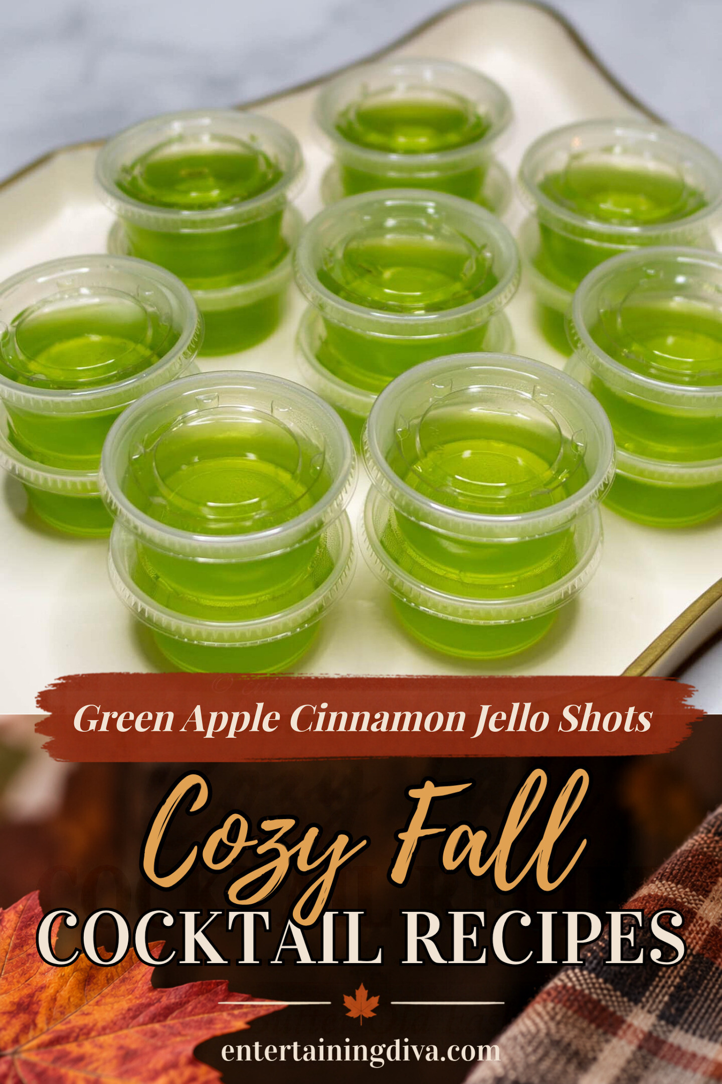 Nine small plastic containers filled with green gelatin, stacked in pairs on a white plate.