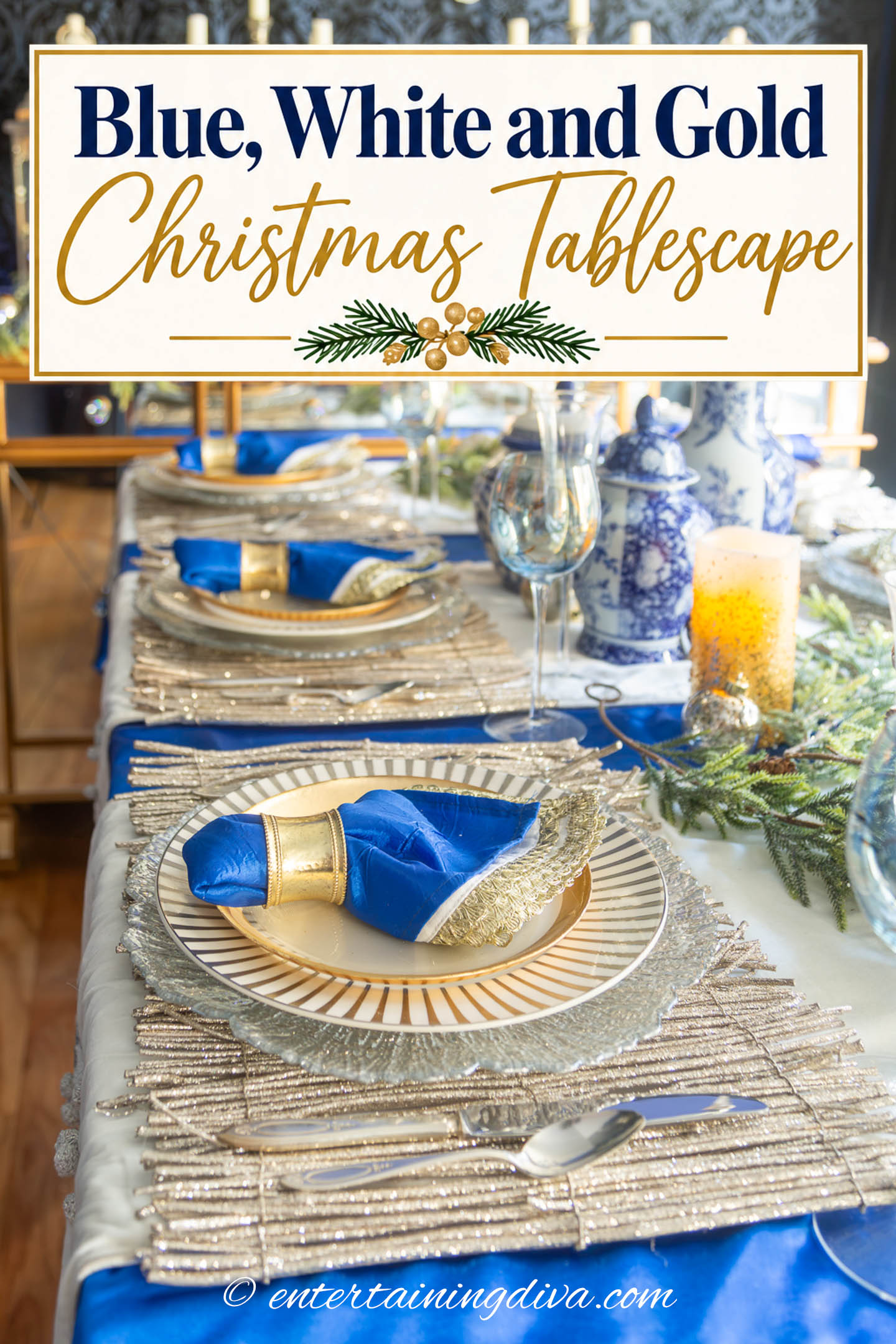 Blue white and gold Christmas tablescape