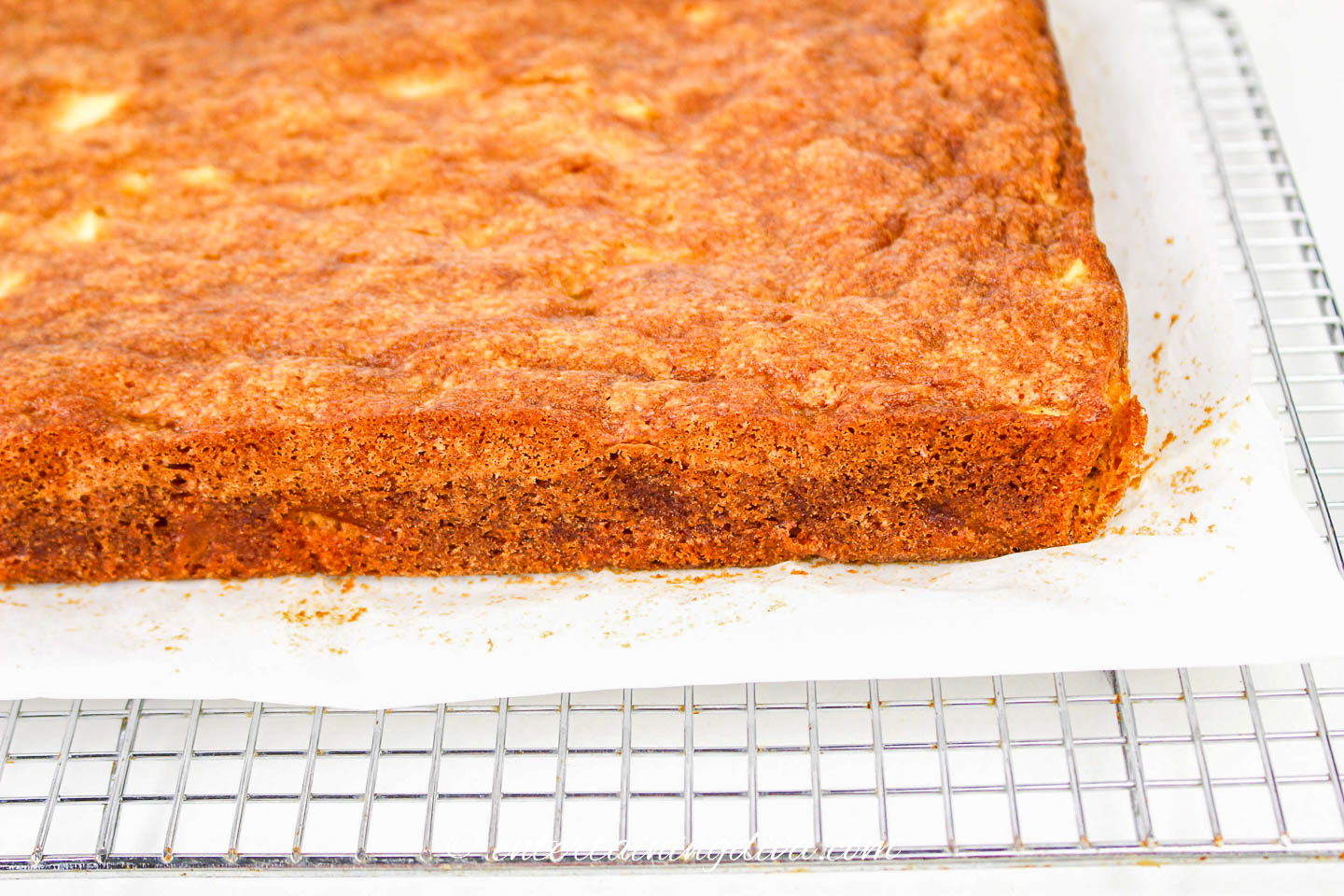 The apple sheet cake after it has been removed from the pan