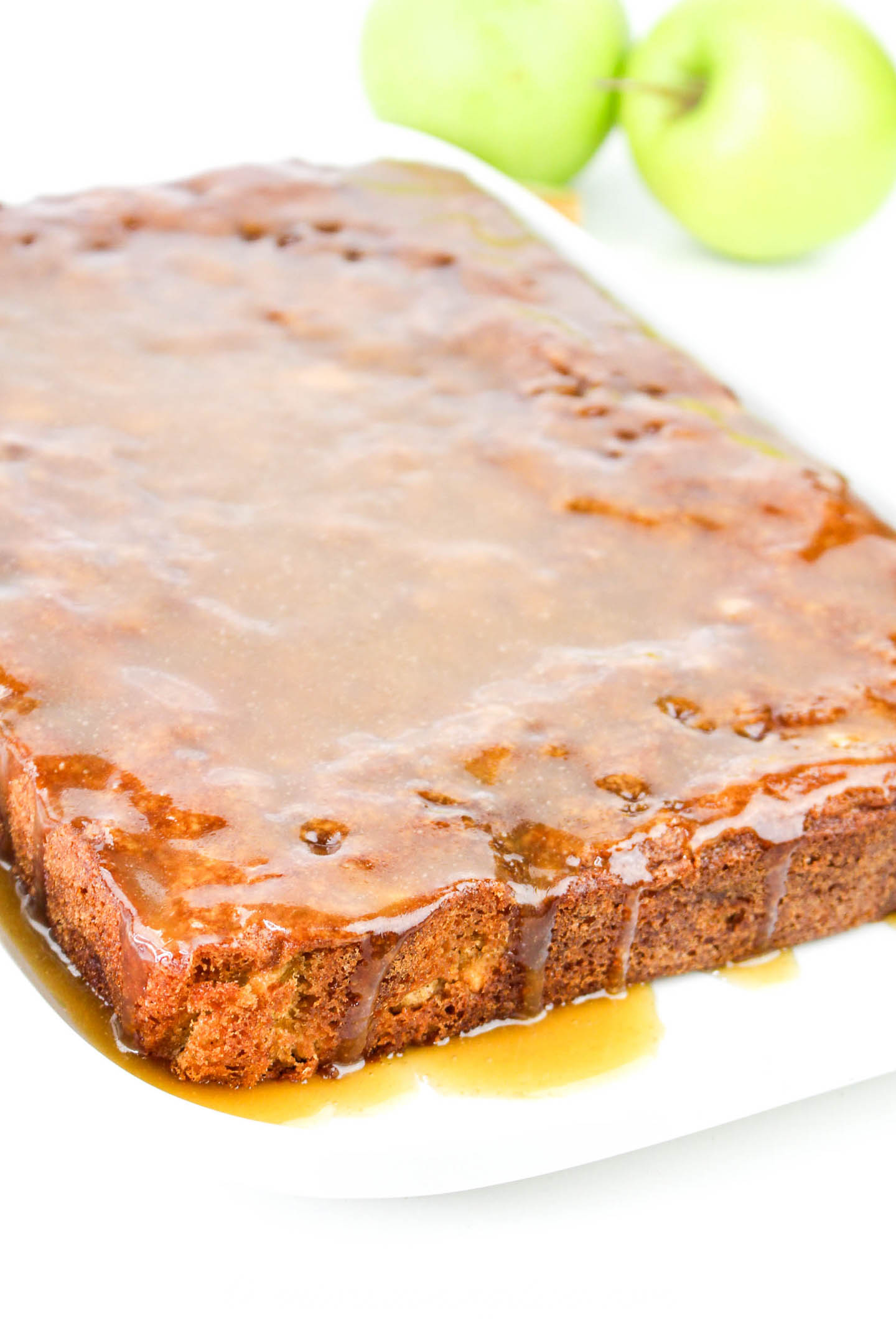 caramel apple sheet cake after the glaze has been added