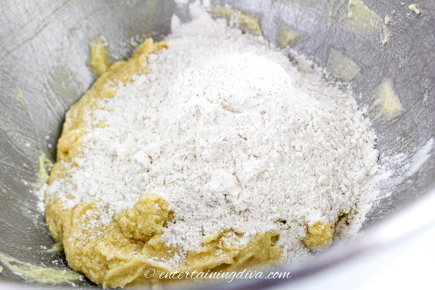 flour mixture added to caramel apple sheet cake wet ingredients