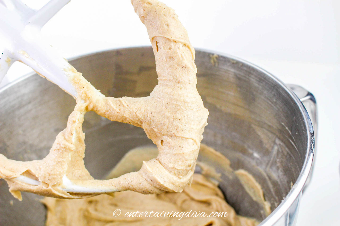 caramel apple sheet cake batter on a mixer