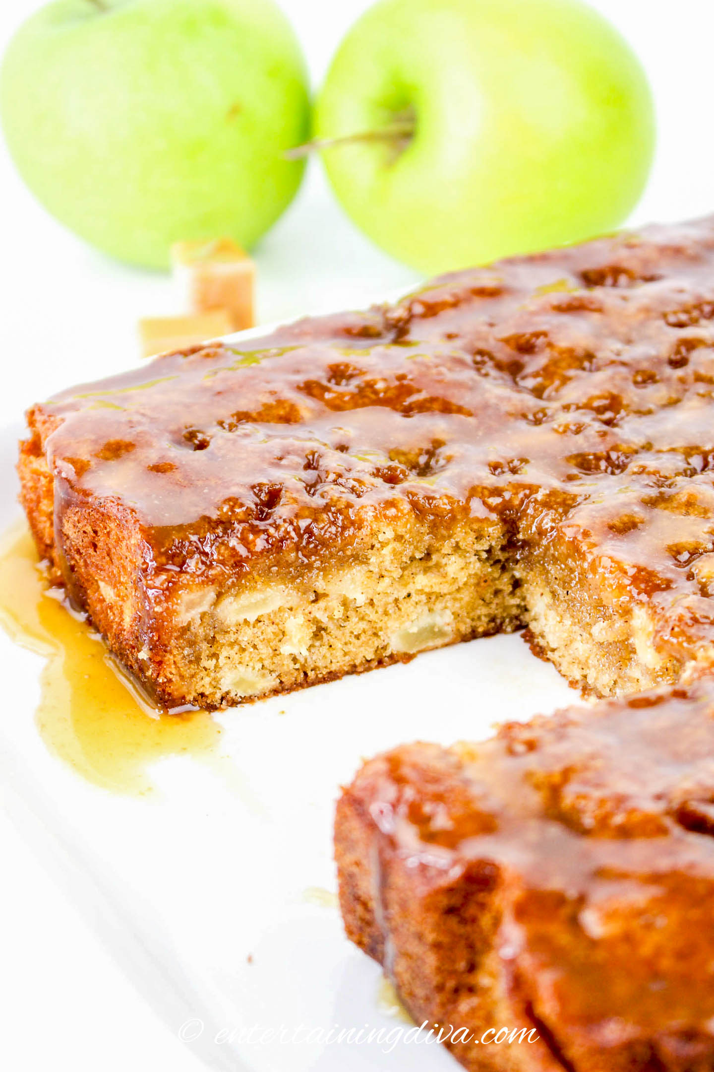 caramel apple sheet cake with one piece removed
