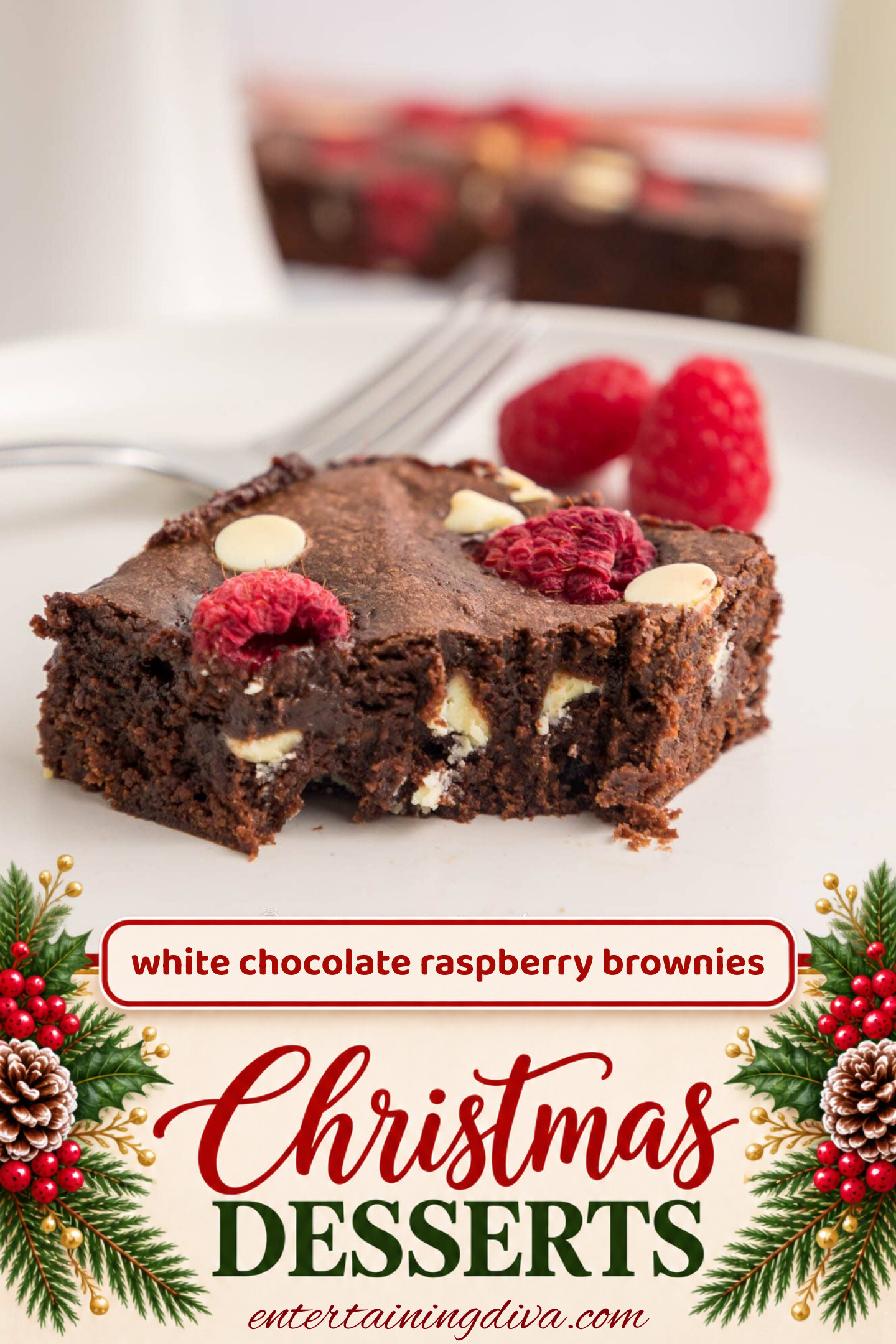 white chocolate raspberry brownie with a bite taken out of it