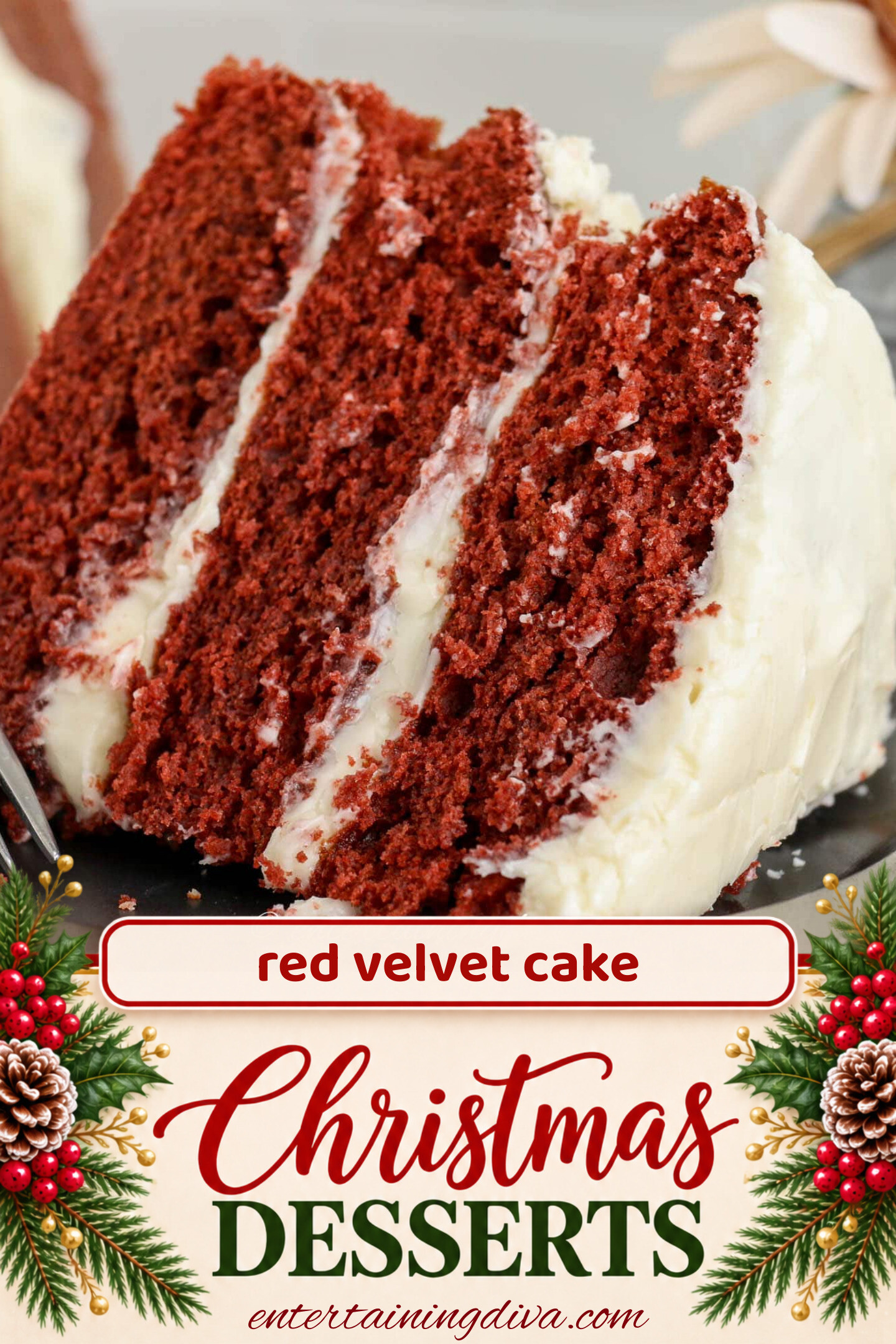 a slice of red velvet cake with traditional frosting