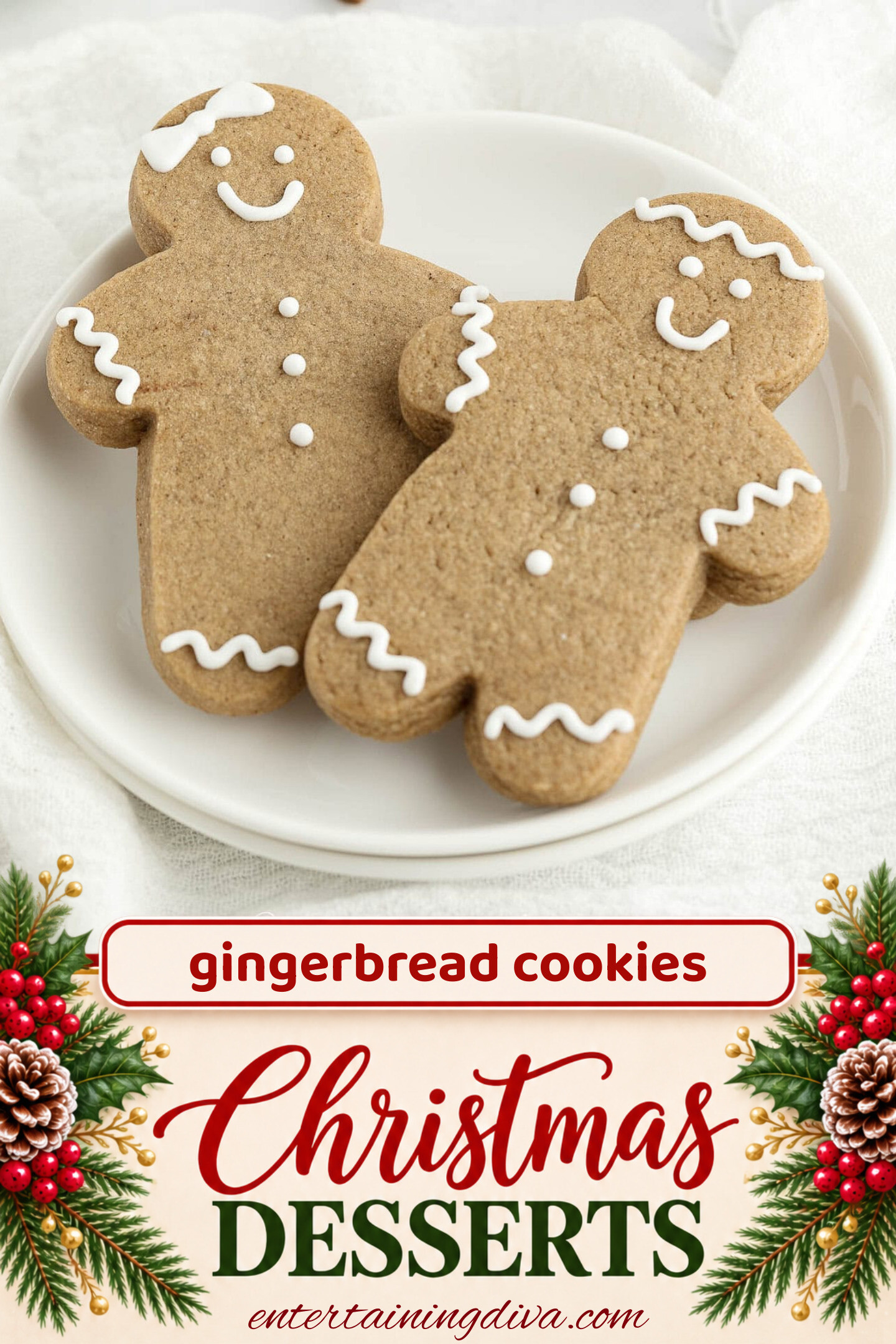 a close up of two gingerbread men on a plate beside some cinnamon sticks and a second plate with gingerbread cookies in the shape of snowflakes