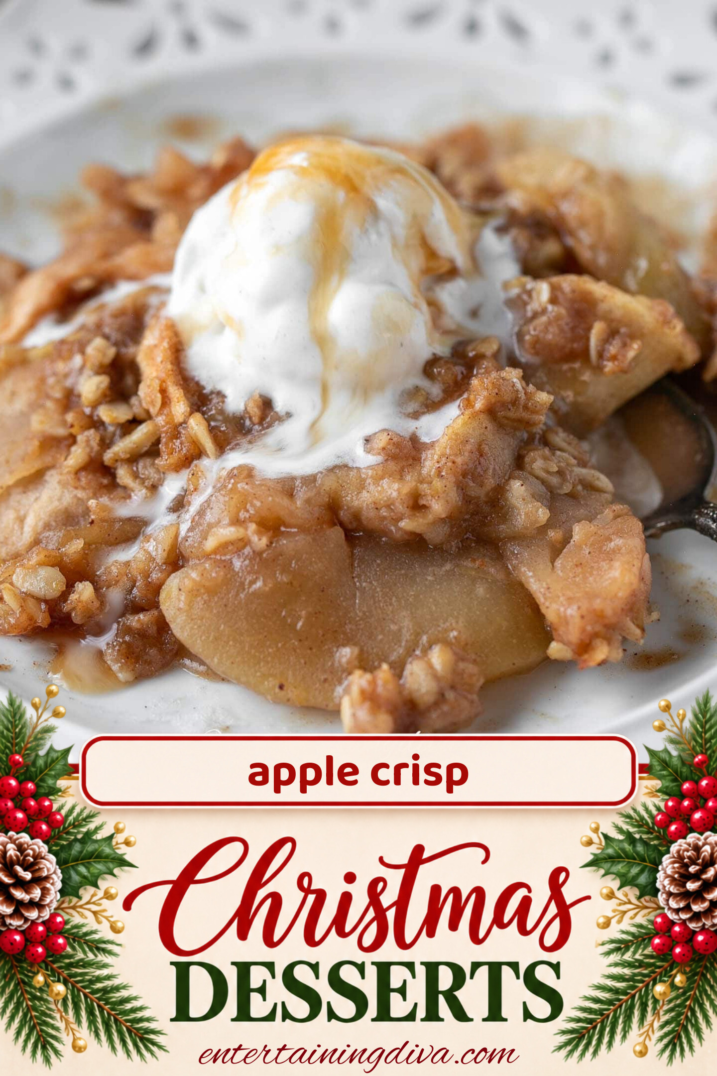 apple crisp with ice cream on a white plate