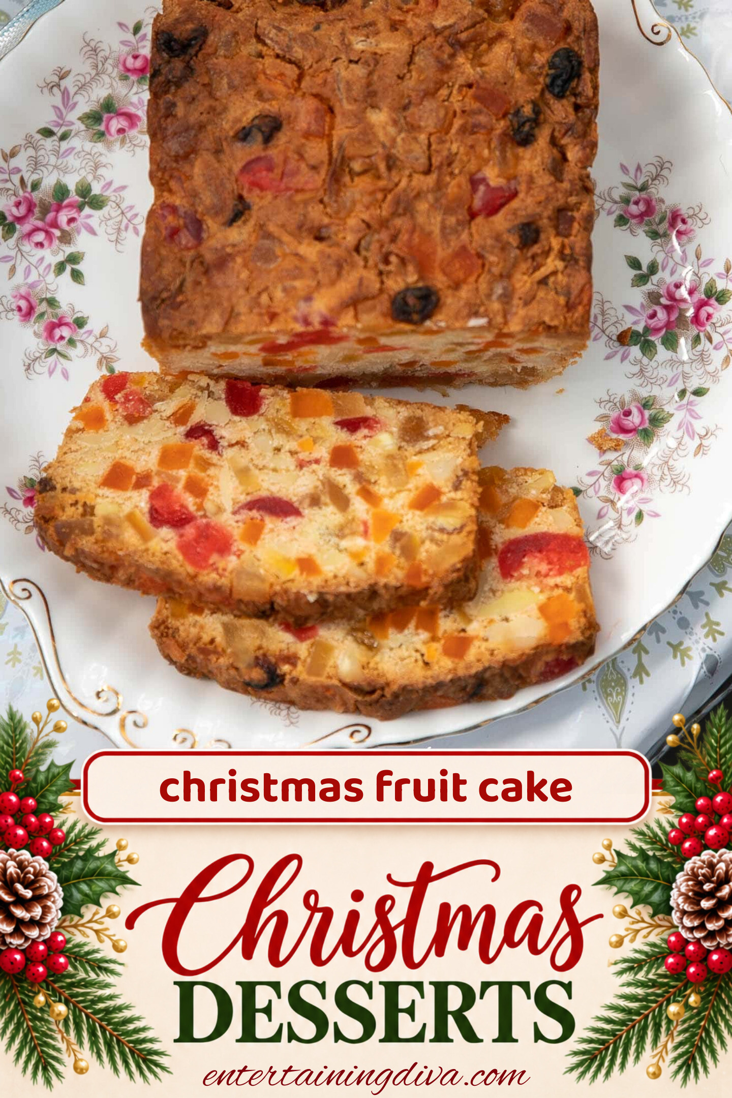 Two slices of Christmas fruit cake on a plate