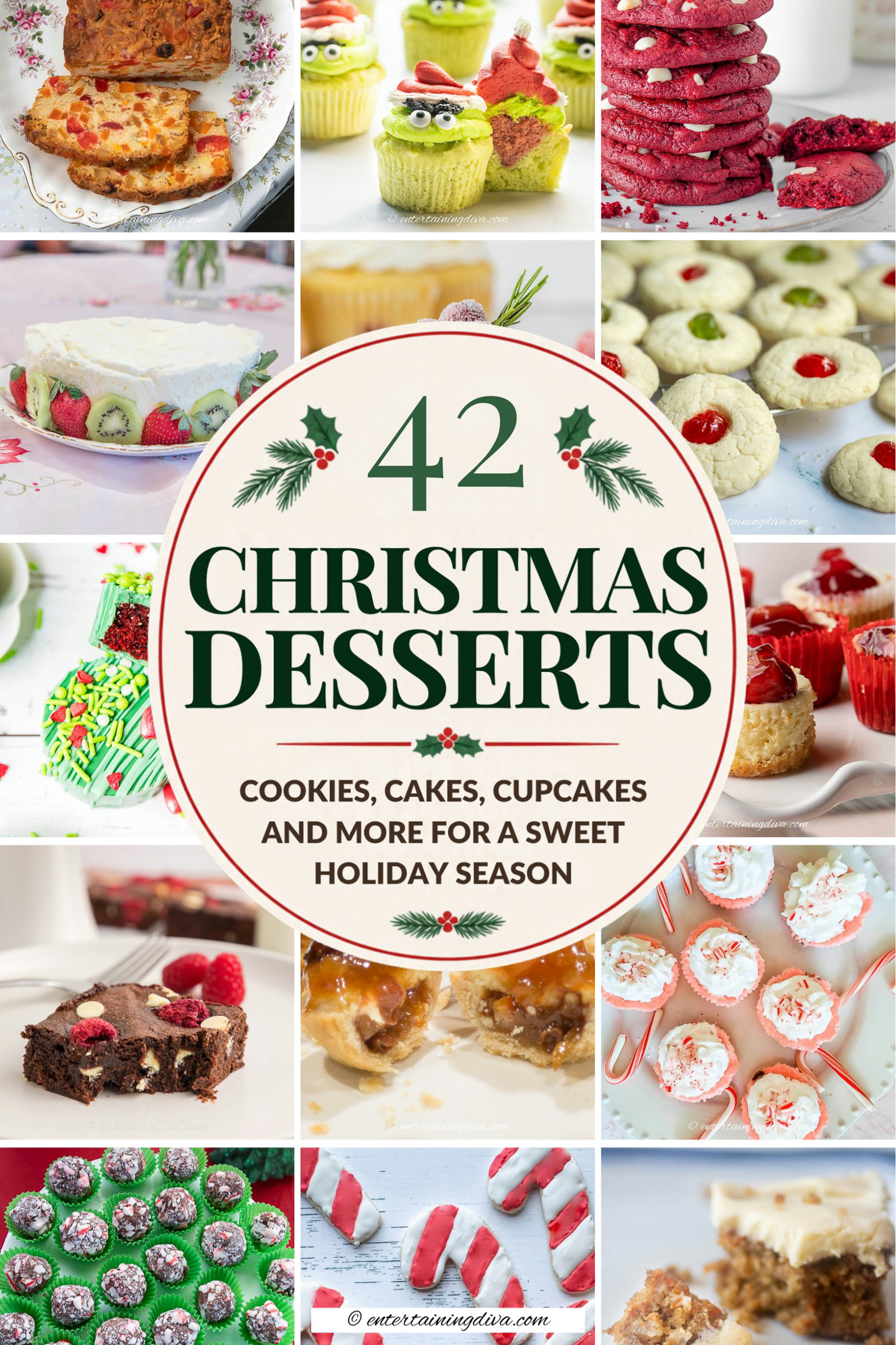A collage of Christmas desserts recipes with the text 42 Christmas desserts written in a circle over the middle