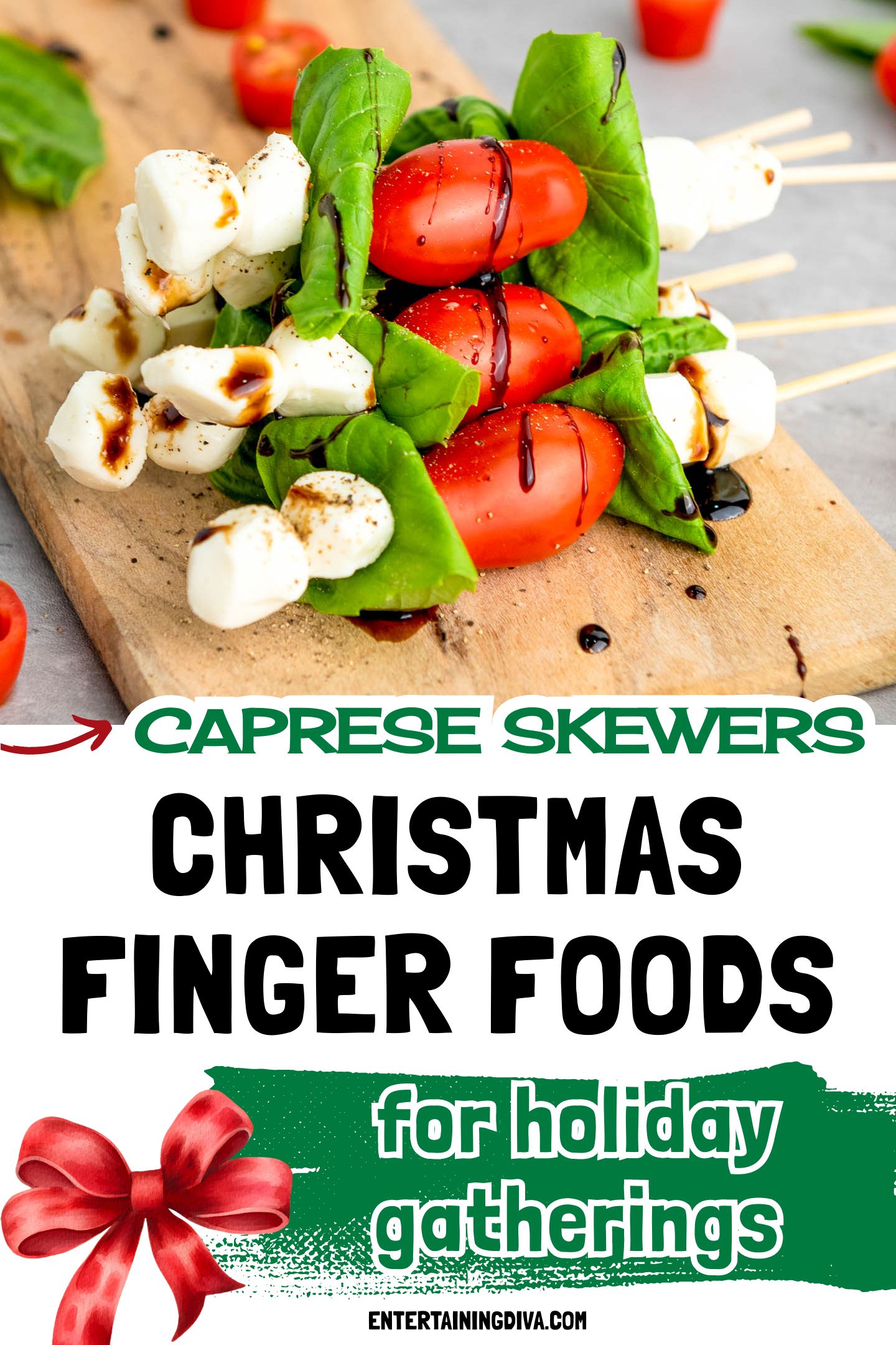 A stack of caprese skewers on a wood cutting board