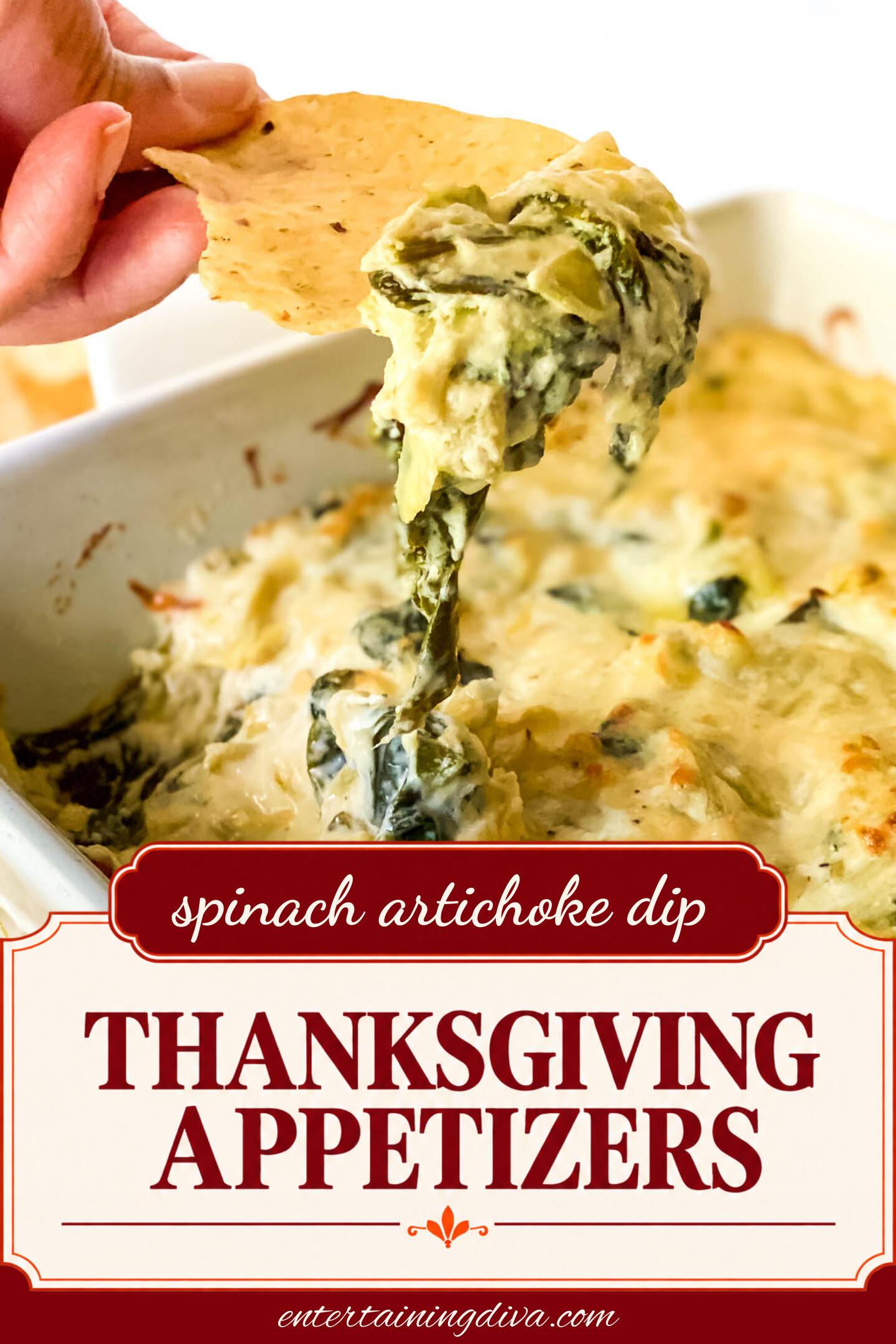 hot spinach artichoke dip on a tortilla chip