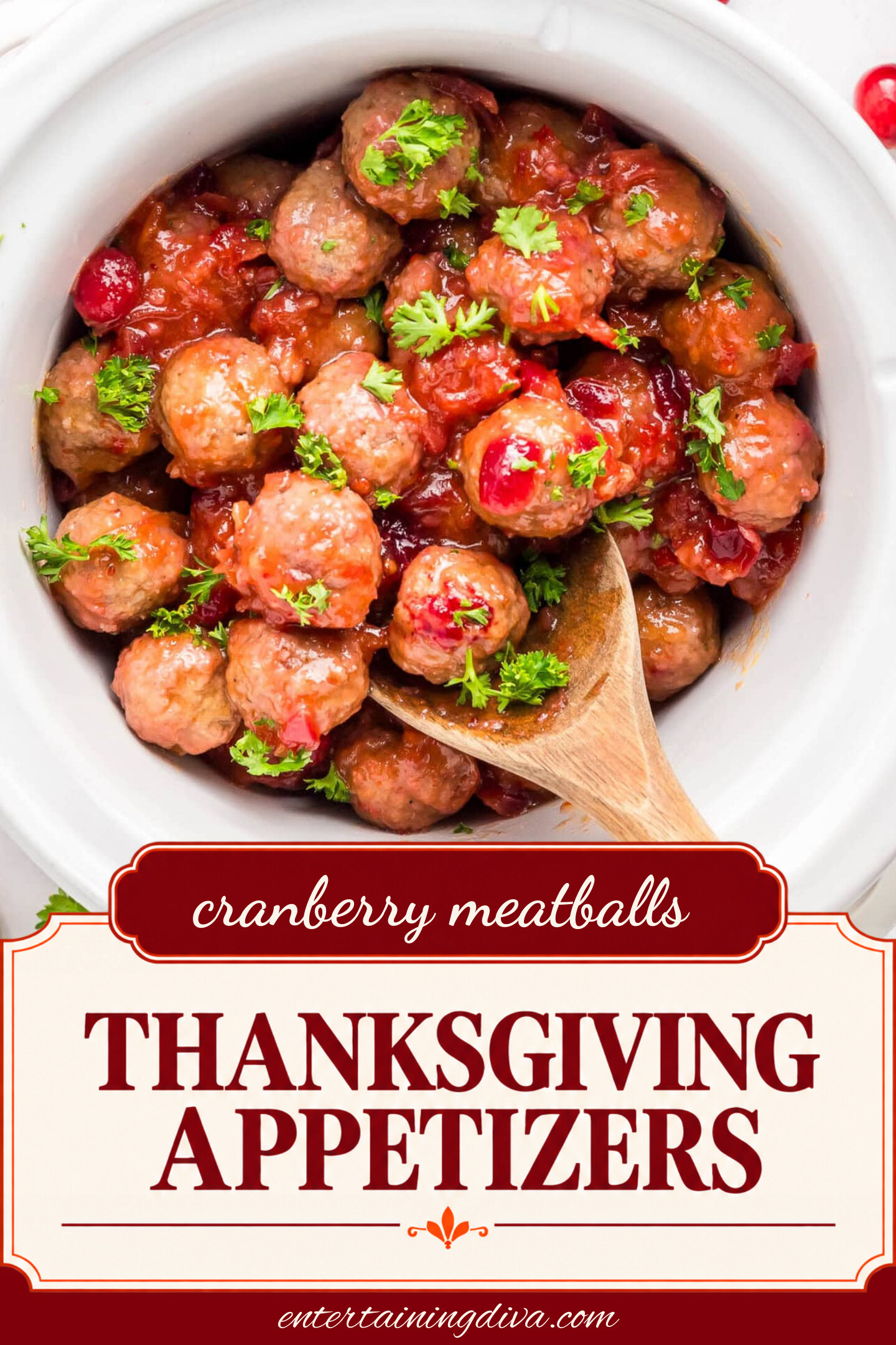 close up of slow cooker cranberry meatballs