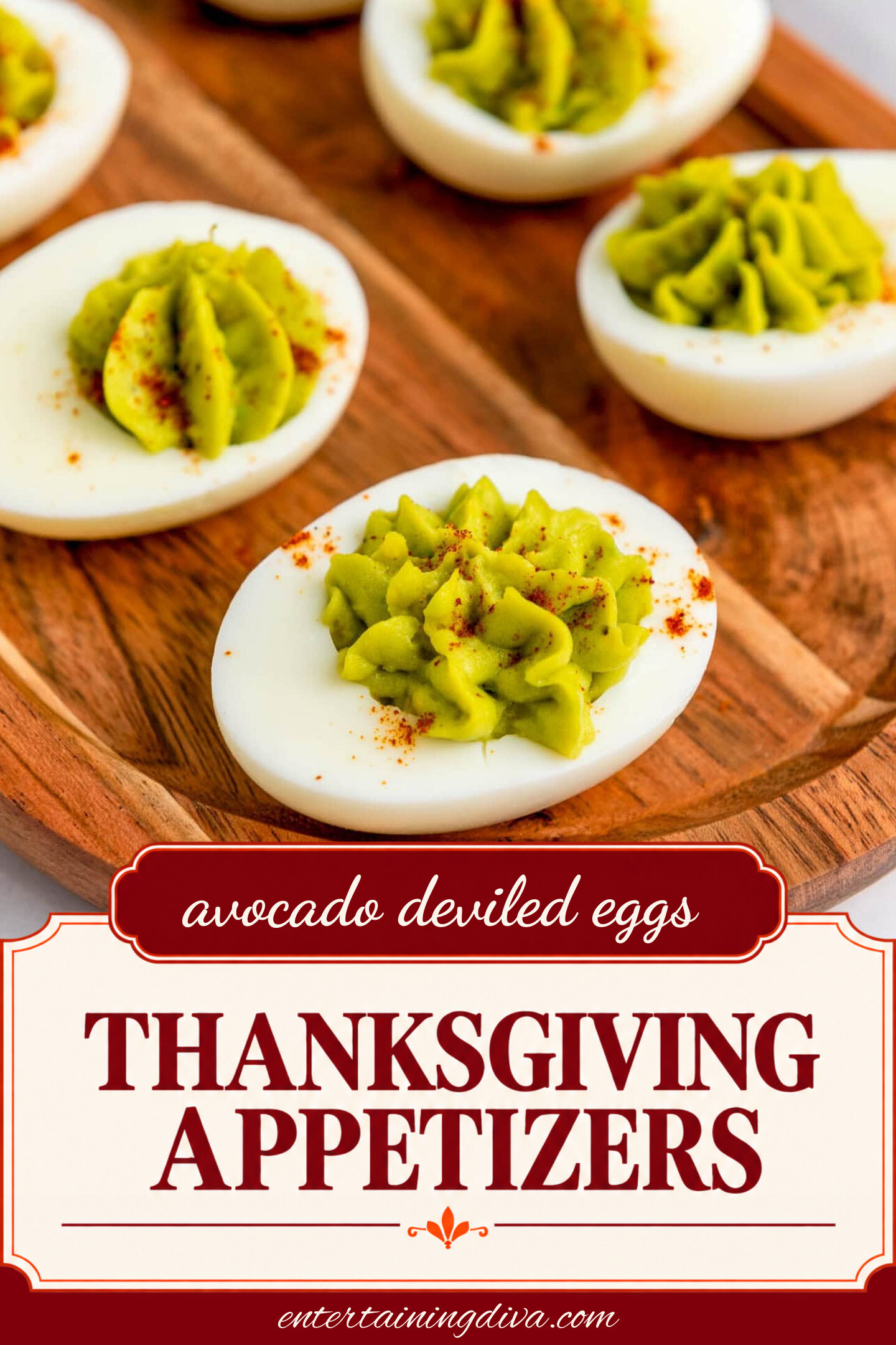 close up of avocado deviled eggs on a tray