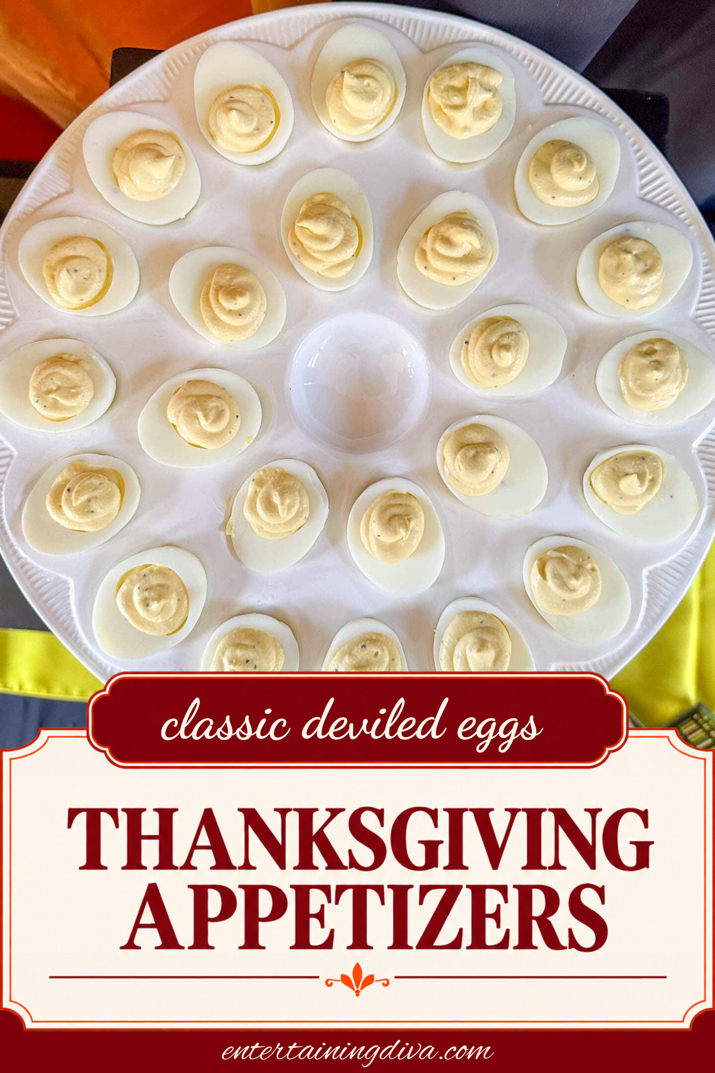 Deviled eggs plated with a classic twist of yellow frosting.