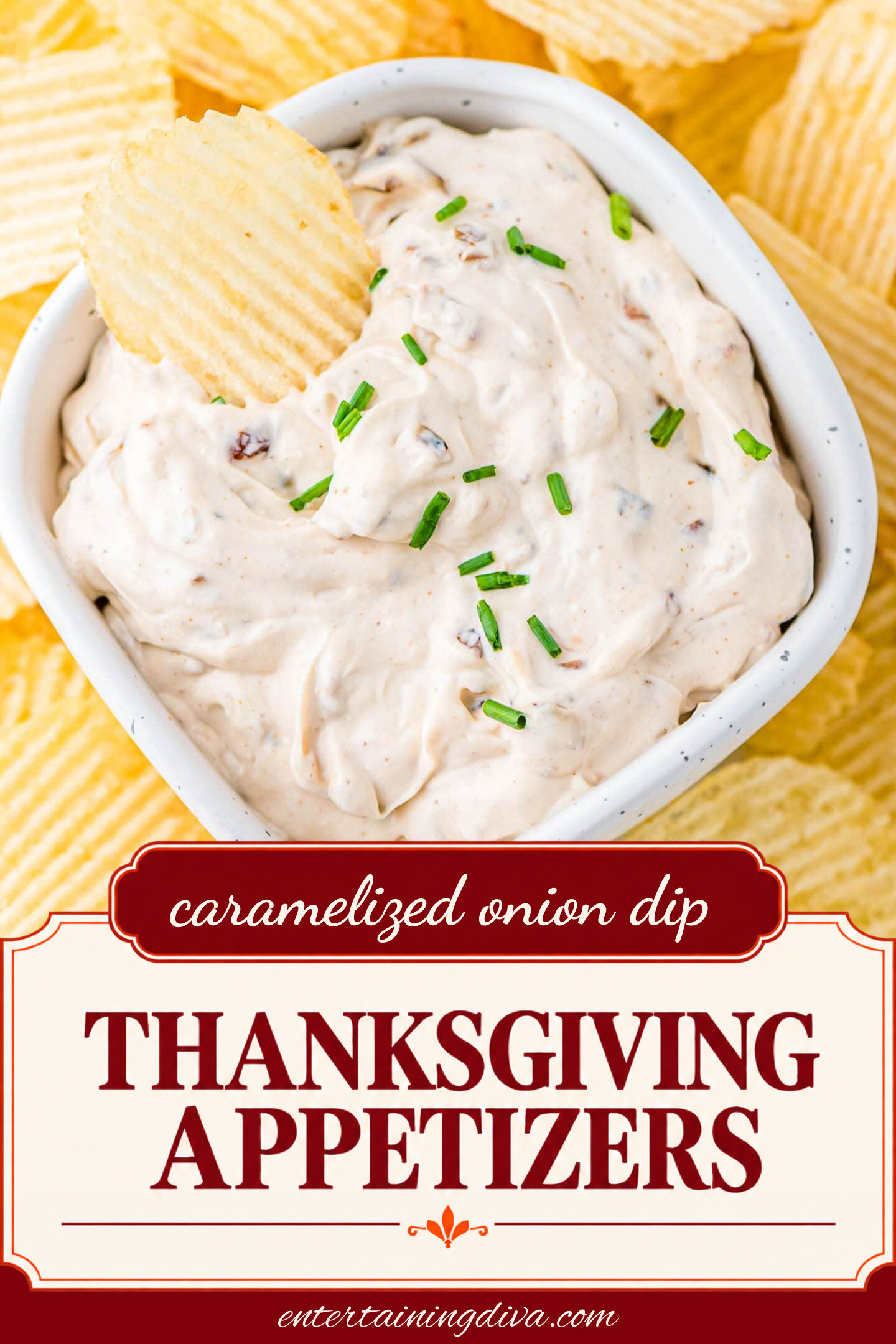 bowl of french onion dip with a chip dipped in it