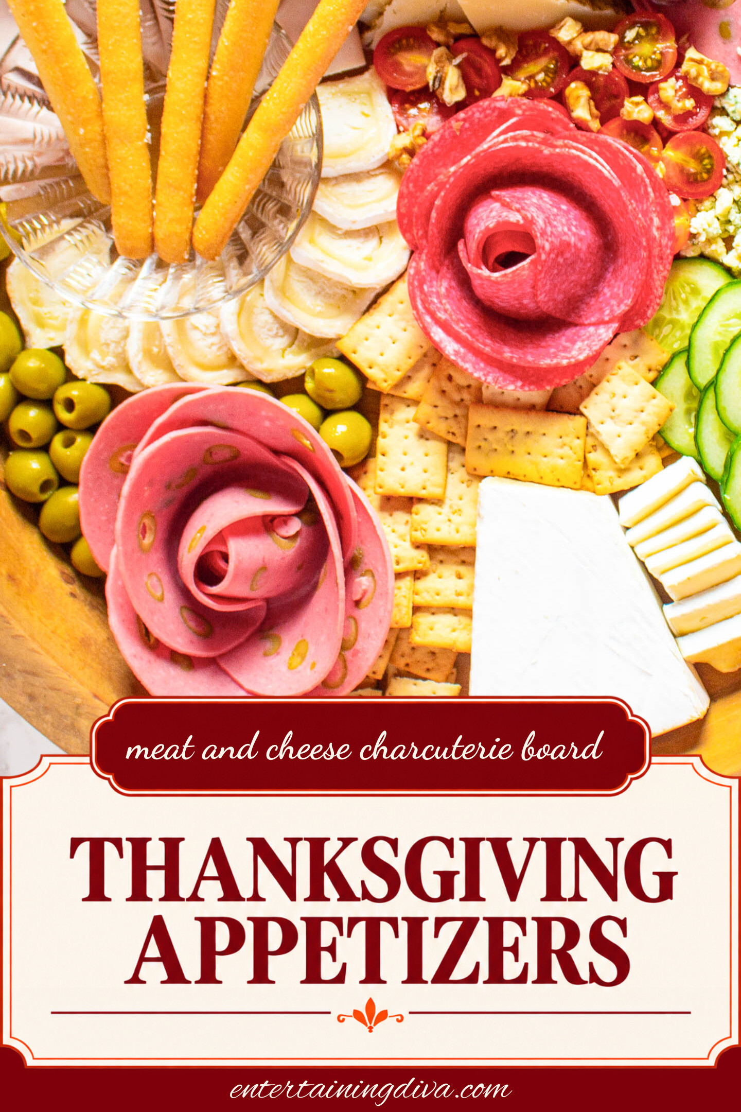Charcuterie board with sliced meat shaped like roses