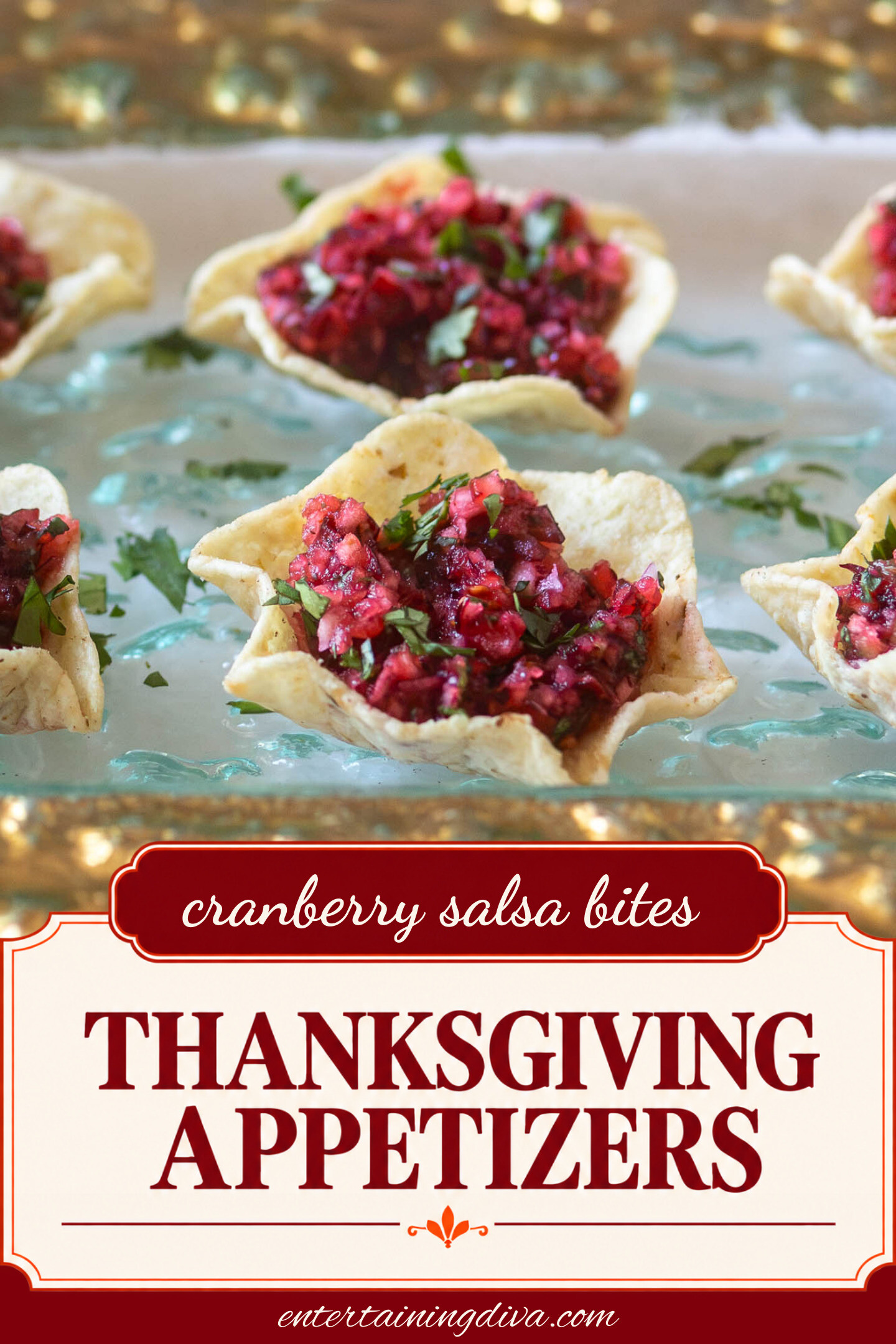 close up of cranberry salsa bites on a tray