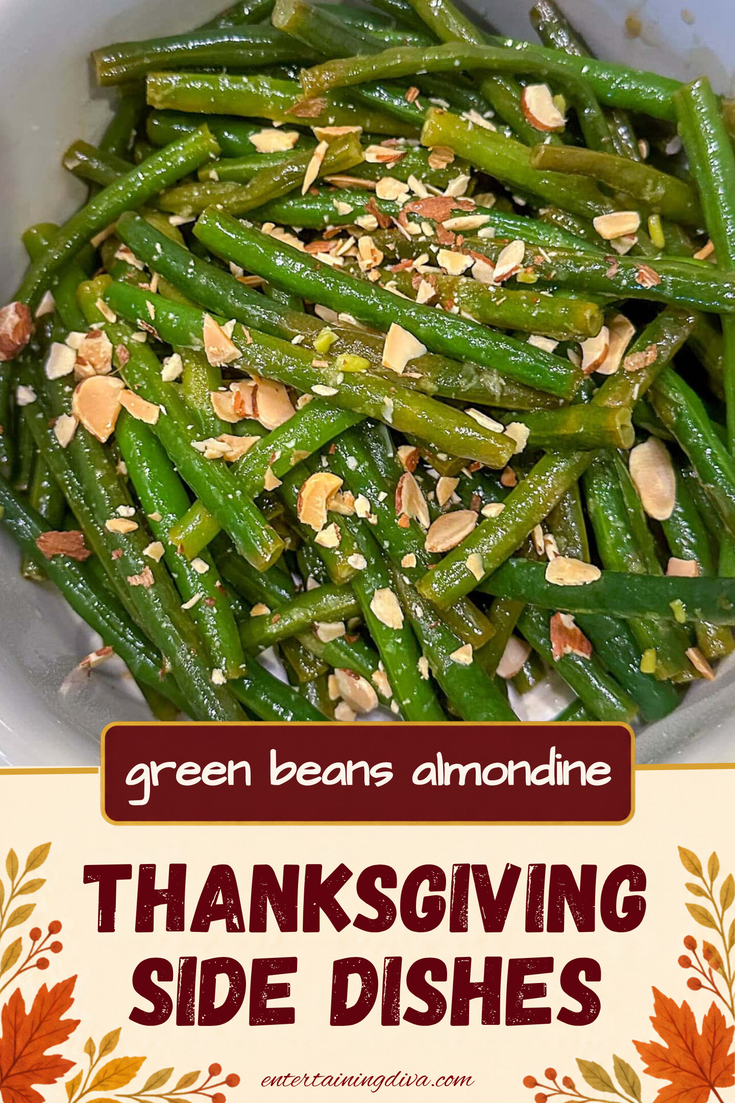 close up overhead picture of green beans almondine