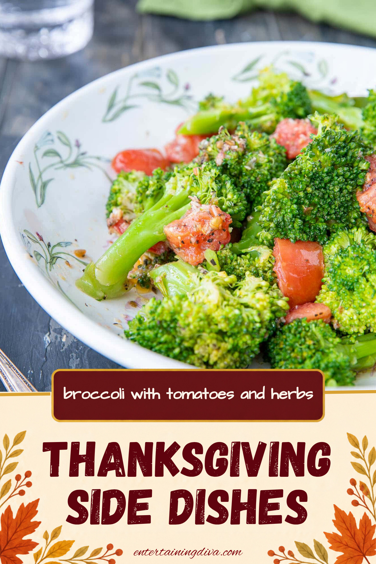 microwaved broccoli with tomatoes and spices in a serving bowl