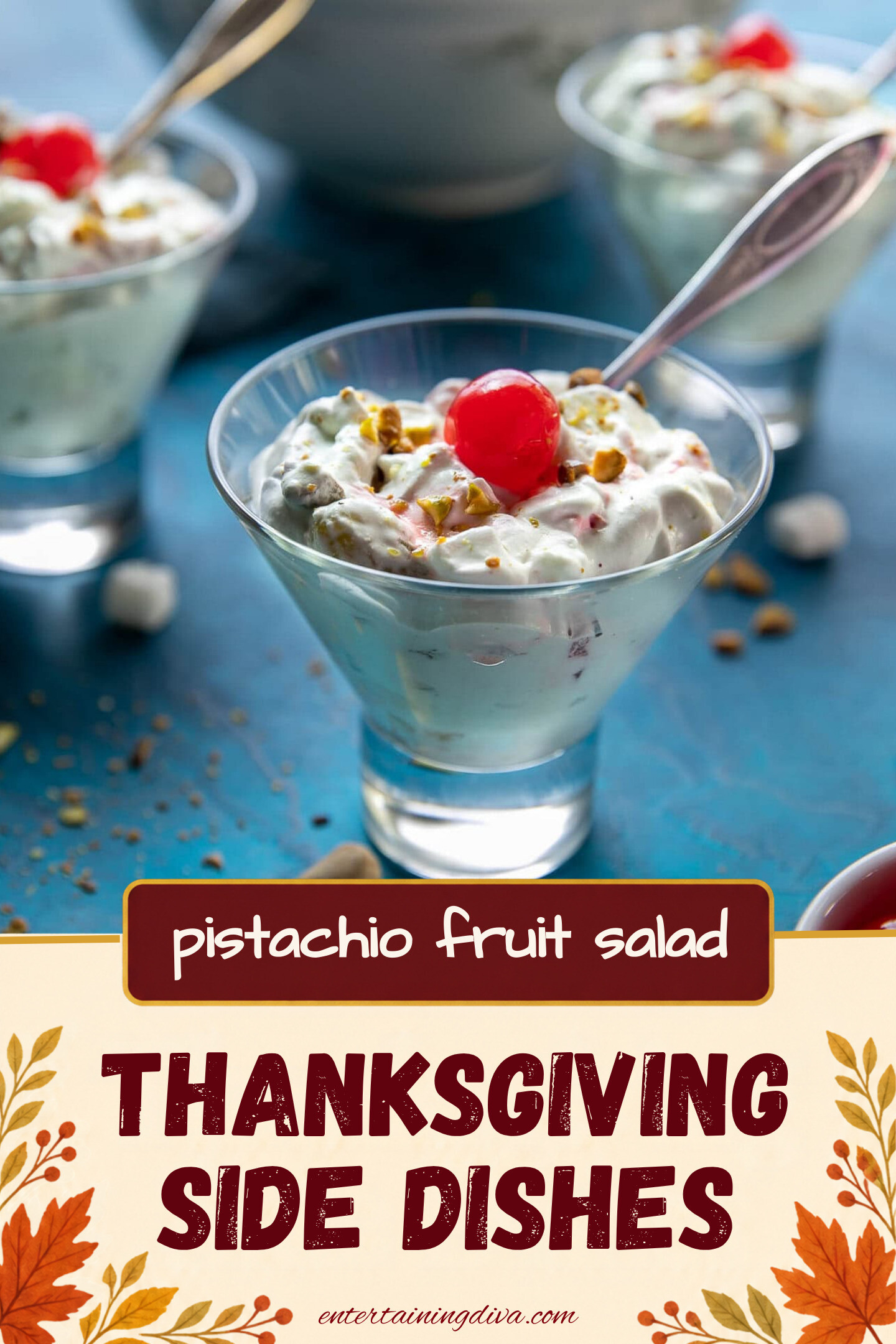 pistachio fruit salad with one cherry and spoon