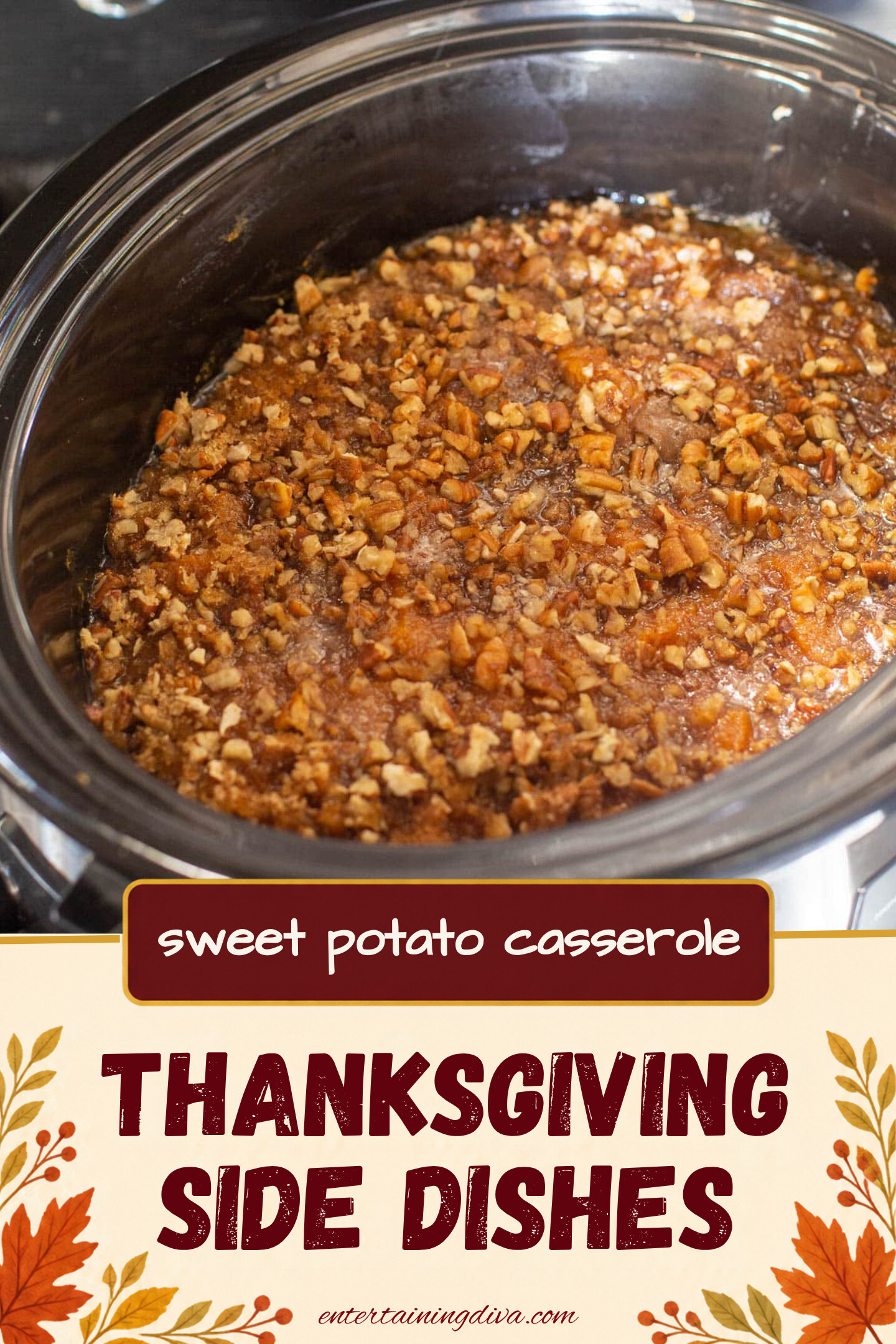 A slow cooker is used to prepare a sweet potato casserole topped with pecans.