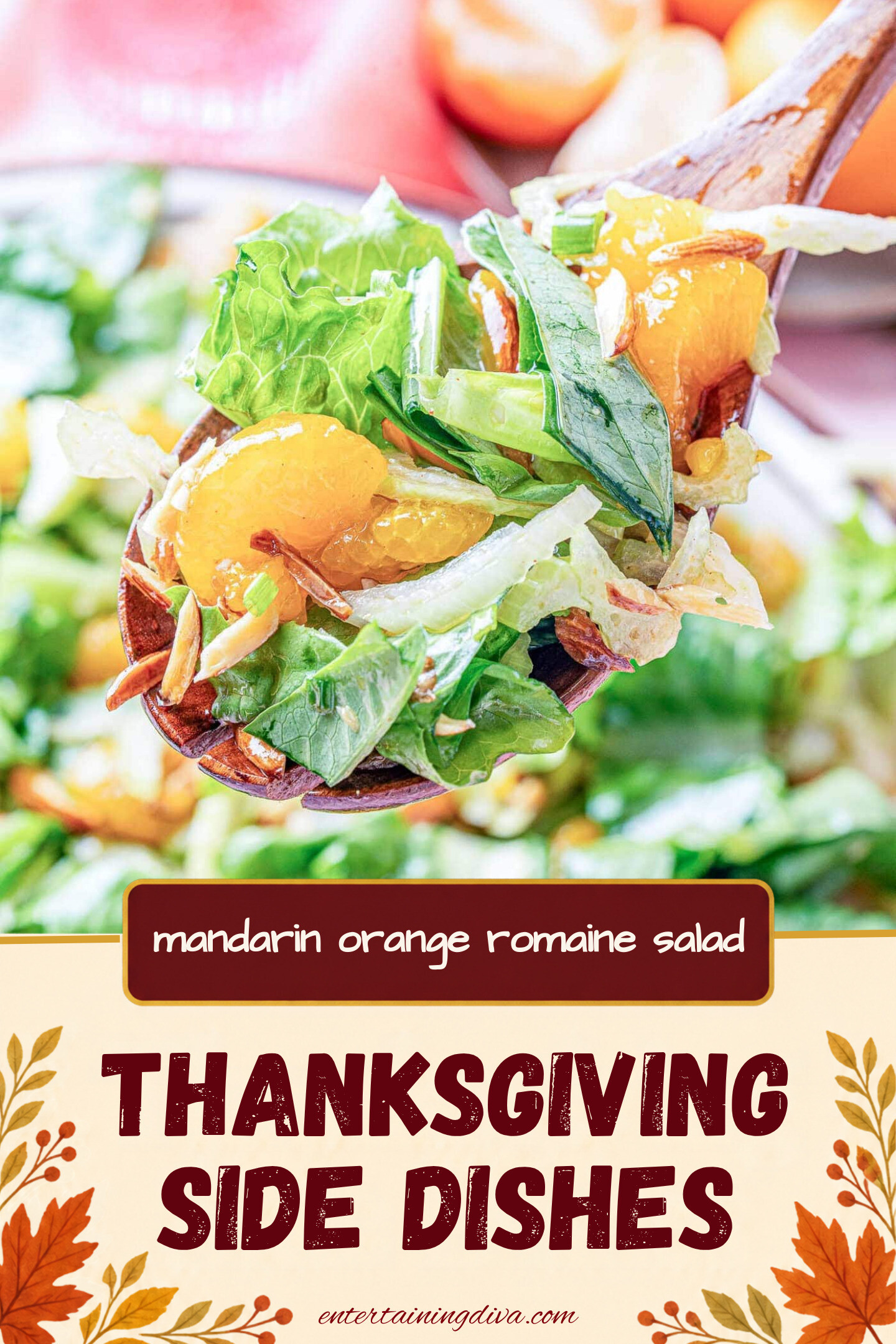 close up of a spoonful of mandarin orange romaine salad