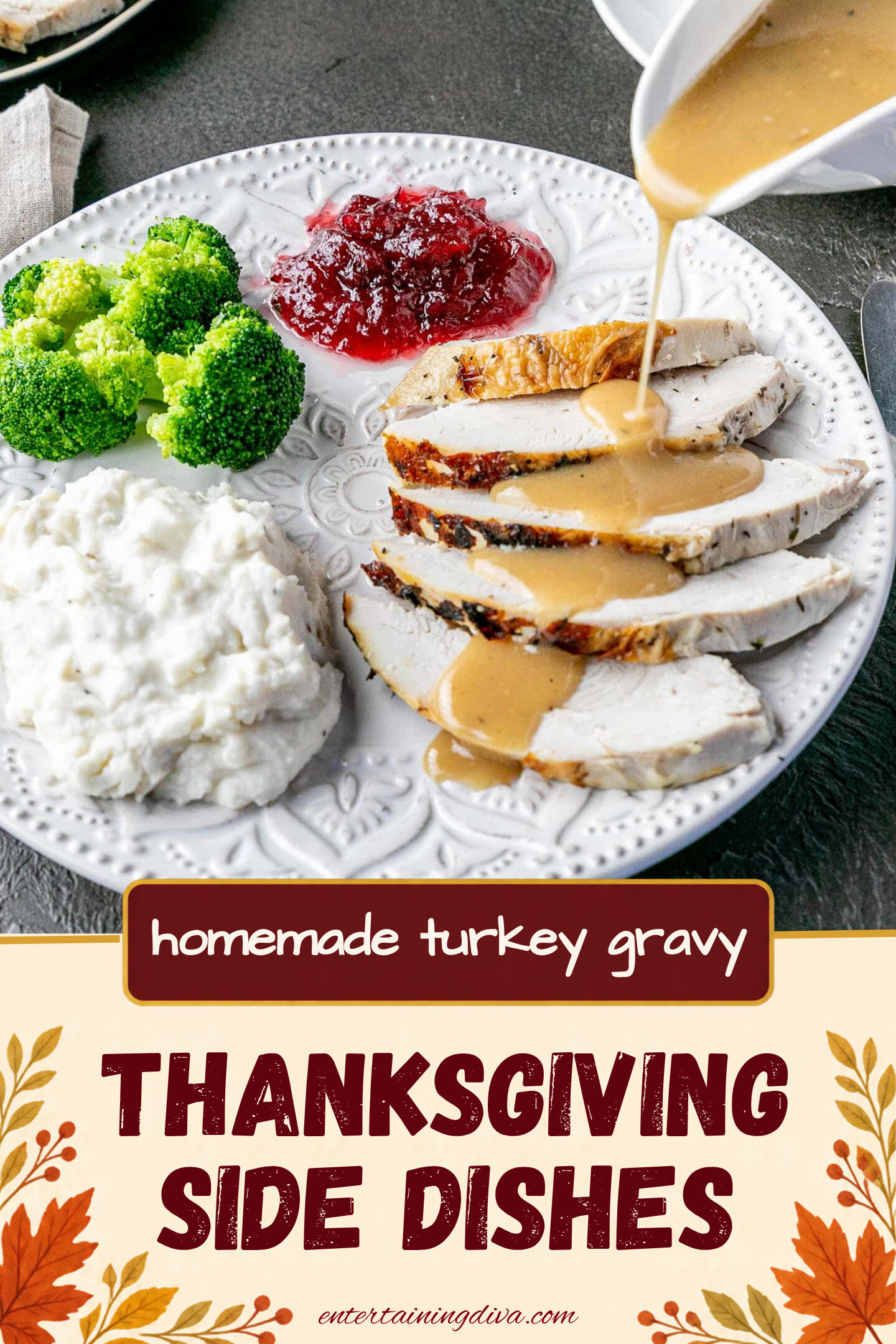 turkey gravy being poured over slices of turkey